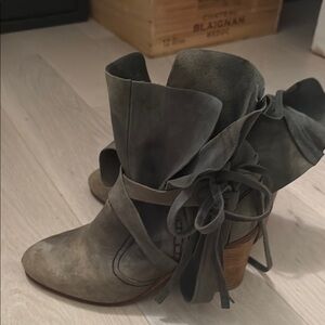 Free People Gray Heeled Boots with Chunky Heel and Lace Detail